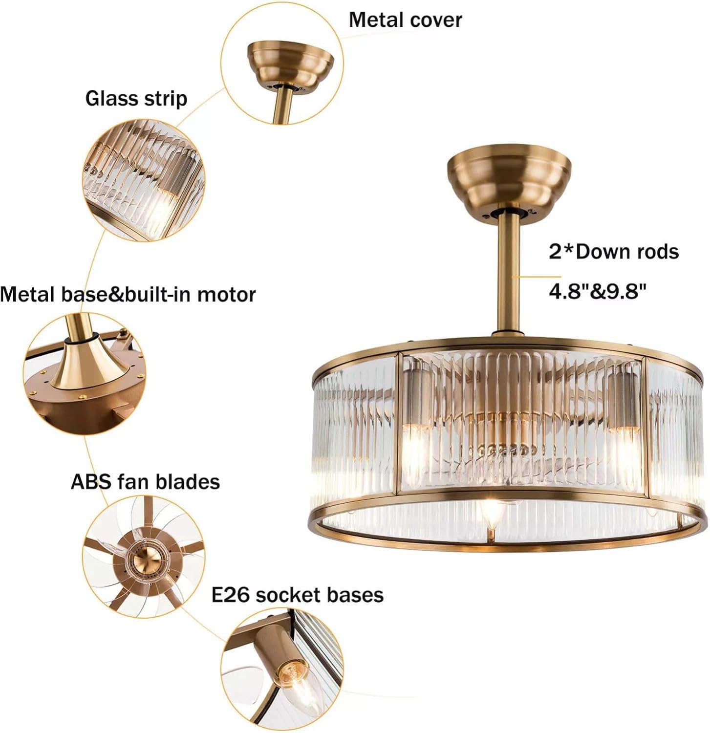Ceiling Fan Light 18' Retro Caged Chandelier Kitchen Island Pendant Lamp With Remote 6Speeds Adjustable Speed Low Noise & Timing Function Stylish Exterior For Bedroom Study Living Room (40W Gold)