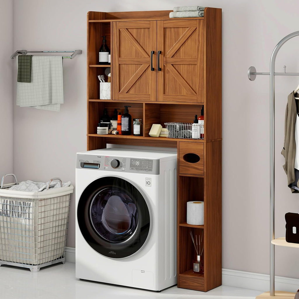 Vabches Over The Toilet Storage Cabinet, Farmhouse Storage Cabinet Over Toilet with 2 Barn Door & Toilet Paper Holder Stand，Home Space-Saving Toilet Rack, for Bathroom, Restroom, Laundry.Caramel