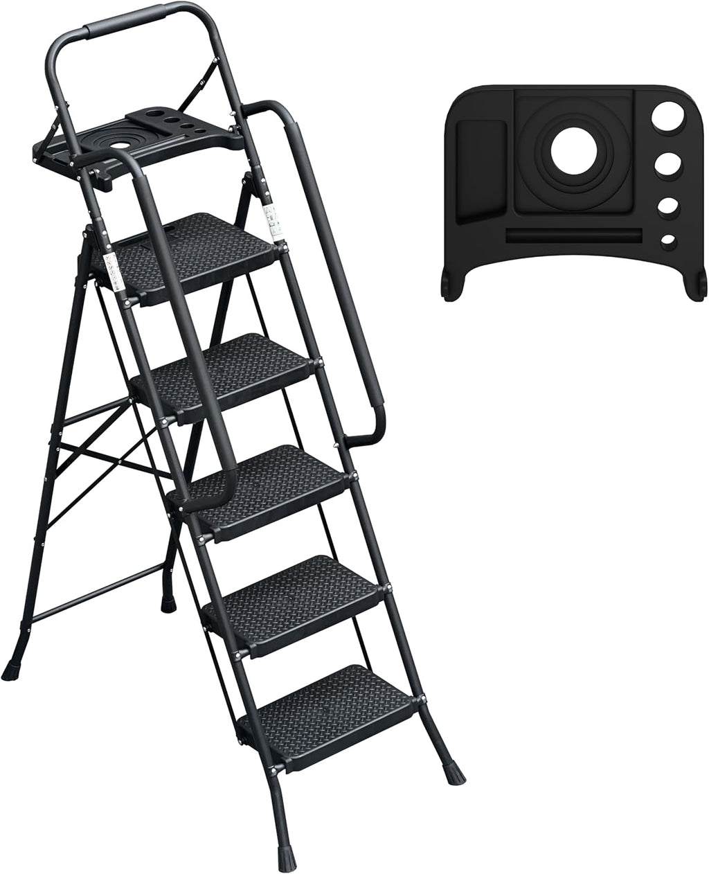 WiberWi 5 Step Ladder with Handrails Folding Step Stool with Tool Plateform, 330 lb Capacity Step Stools for Adults Portable Ladder for Home Kitchen Steel Frame with Non-Slip Wide Pedal