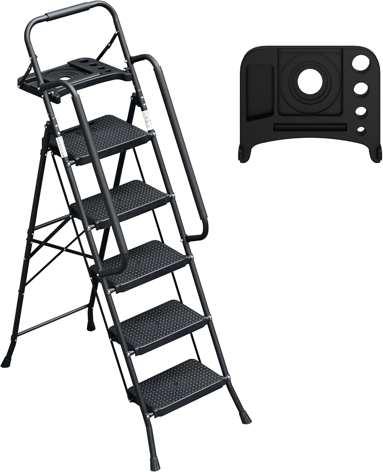 WiberWi 5 Step Ladder with Handrails Folding Step Stool with Tool Plateform, 330 lb Capacity Step Stools for Adults Portable Ladder for Home Kitchen Steel Frame with Non-Slip Wide Pedal