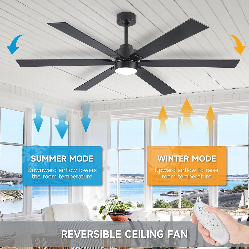66 Inch Outdoor Ceiling Fan with Light, Large Matte Black Industrial Ceiling Fan with 6 Reversible Blades, High CFM Quiet DC Motor Exterior Fan for Porch Garage Shop Commercial