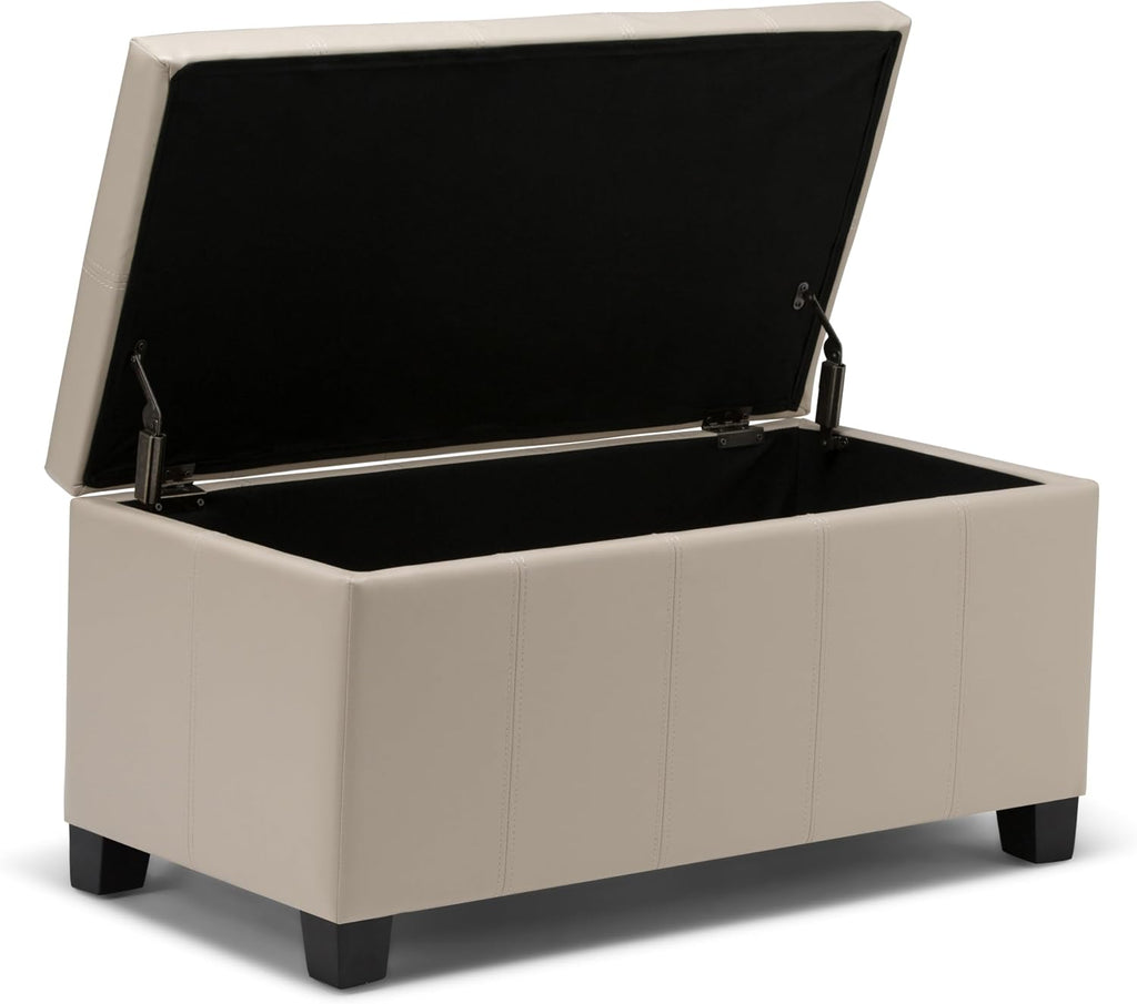 SIMPLIHOME Dover Storage Ottoman Bench - 36 inch Wide Upholstered Vegan Leather Rectangular Lift-Top Ottoman in Satin Cream, Contemporary Bench for Living Room with Safety Hinges