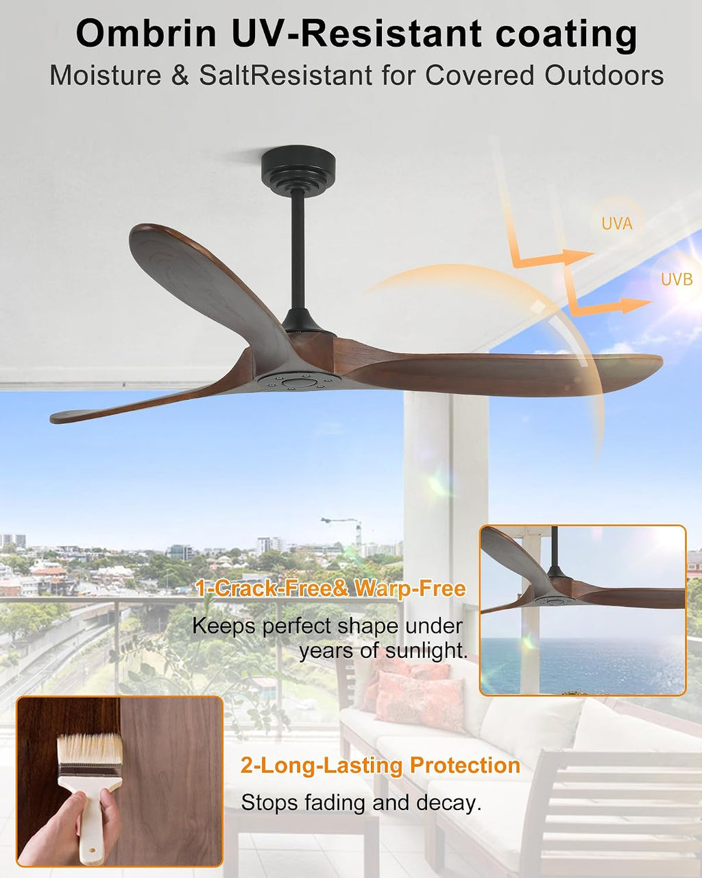 60' Wood Ceiling Fan no Light, Smart Ceiling Fans without Lights with Alexa Google App, Indoor Outdoor Ceiling Fan no Light for Bedroom Porch Modern Propeller 3 Blade High CFM Motor,Red Walnut
