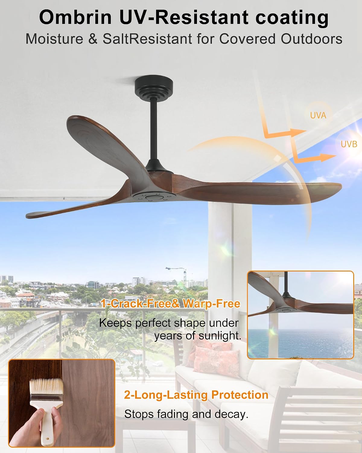 60' Wood Ceiling Fan no Light, Smart Ceiling Fans without Lights with Alexa Google App, Indoor Outdoor Ceiling Fan no Light for Bedroom Porch Modern Propeller 3 Blade High CFM Motor,Red Walnut