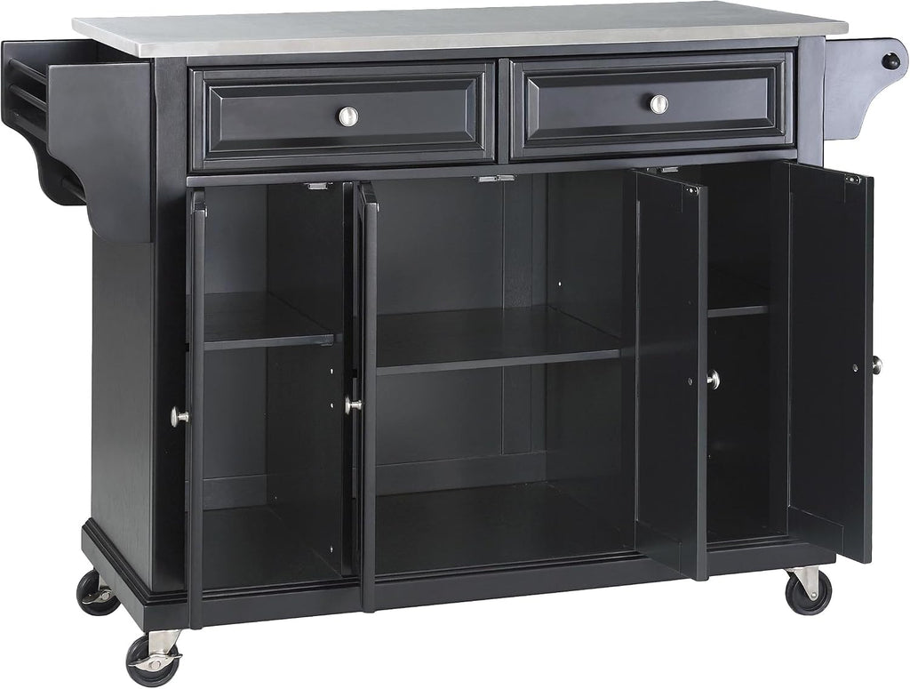 Crosley Furniture Full Size Stainless Steel Rolling Kitchen Island Storage Cart, Microwave Stand, Spice Rack, Black