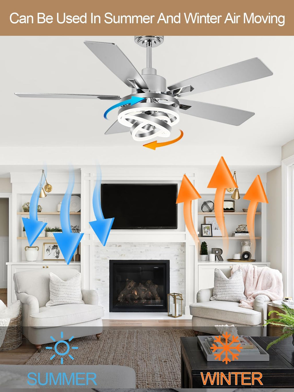 52 Inch Fandelier Ceiling Fan with Lights and Remote Modern Ceiling Fans Silver Chandelier LED Light Quiet Reversible DC Motor Dimmable 3CCT 6 Wind Speeds for Indoor Outdoor Living Room