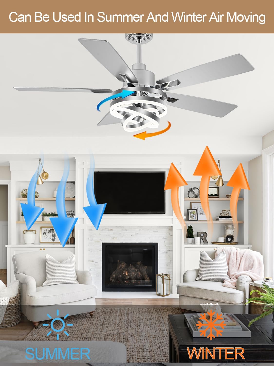 52 Inch Fandelier Ceiling Fan with Lights and Remote Modern Ceiling Fans Silver Chandelier LED Light Quiet Reversible DC Motor Dimmable 3CCT 6 Wind Speeds for Indoor Outdoor Living Room