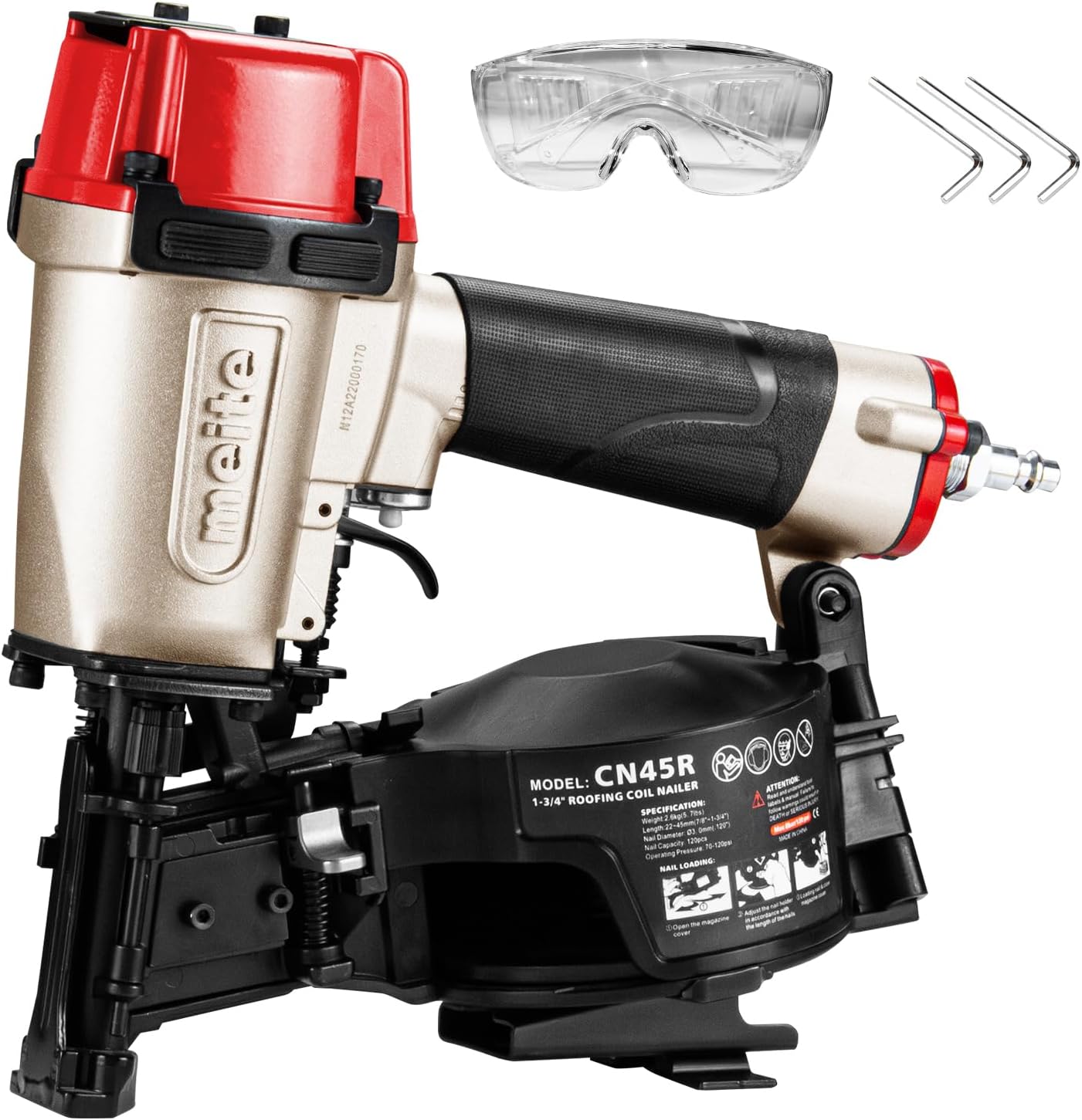 meite CN45R Roofing Nailer 15 Degree Coil Roofing Nail Gun, Pneumatic Nail Gun Accepts 7/8' to 1-3/4' Coil Roofing Nails, Roofing Nailer with 120 Nail Magazine for Asphalt Shingles Decking Sheathing