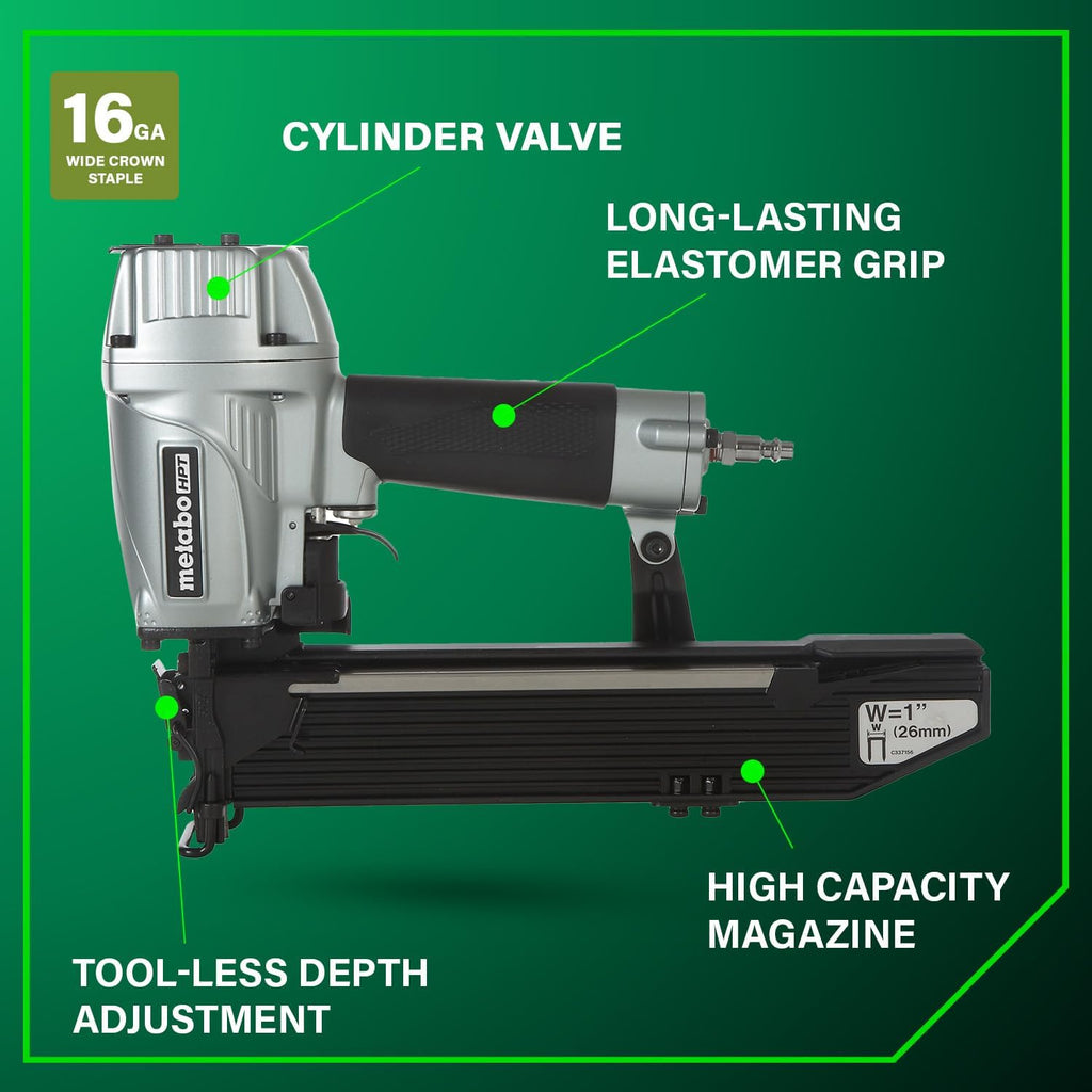 Metabo HPT Wide Crown Stapler, Pro-Preferred Pneumatic Power Nailers, Lathing Tool for Sheathing & Insulation, Quick Response, 16 Gauge, Up to 150 1' Wide Crown Staples, Length 1' to 2', N5024A2