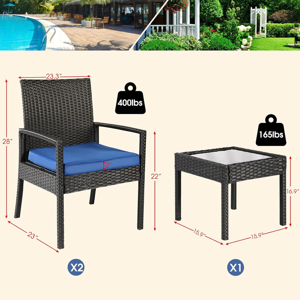 3 Piece Outdoor Patio Furniture Sets, Rattan Conversation Set with Soft Cushion, Wicker Chairs with Coffee Table for Yard Backyard Lawn Porch Poolside Balcony, Blue