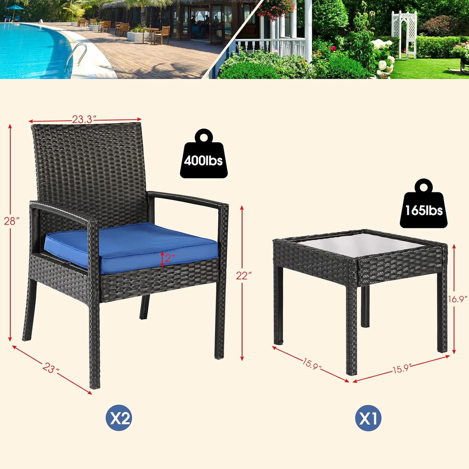 3 Piece Outdoor Patio Furniture Sets, Rattan Conversation Set with Soft Cushion, Wicker Chairs with Coffee Table for Yard Backyard Lawn Porch Poolside Balcony, Blue