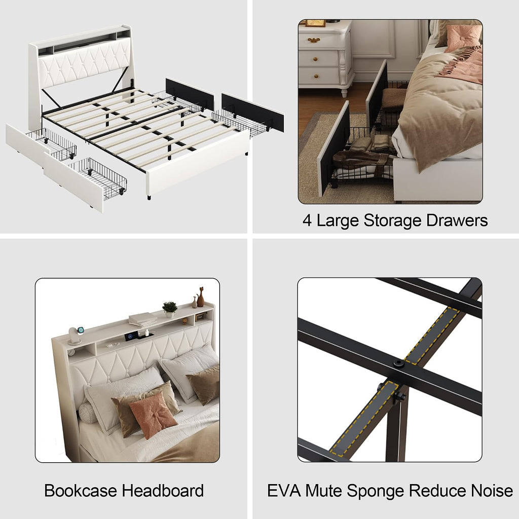 Christopher Knight Home Manley Faux Leather Full Size Bed Frame with Ergonomic Headboard,Platform Bed Frame with Outlets&Charger,Metal&Wood Frame,Storage Shelf, Noise-Free,No Box Spring Needed, White