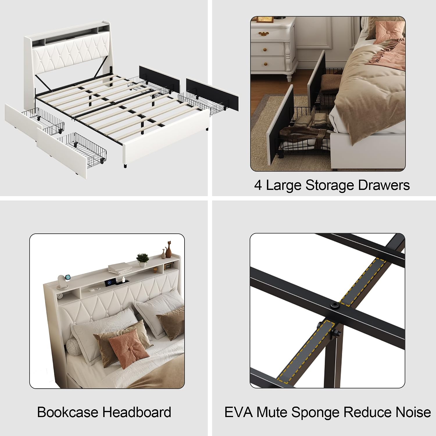 Christopher Knight Home Manley Faux Leather Full Size Bed Frame with Ergonomic Headboard,Platform Bed Frame with Outlets&Charger,Metal&Wood Frame,Storage Shelf, Noise-Free,No Box Spring Needed, White