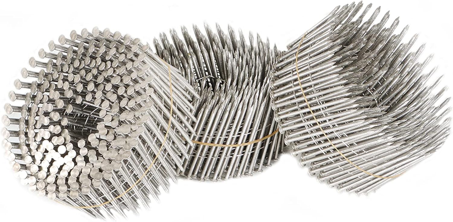 3600 Count Stainless Coil Siding Nails 15 Degree Coils 2-1/2 Inch, 0.09 Inch Ring Shank, Small Cap Coil Nail