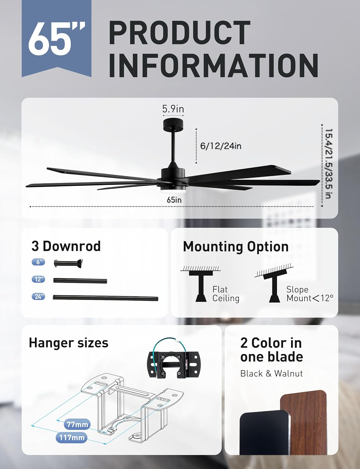 65 Inch Black Ceiling Fans with Lights and Remote,Smart Ceiling fan with Alexa App Control,6 Speed,Dimmable,Quiet DC Motor Large Outdoor Indoor Fan for Patio or Bedroom,Living Room