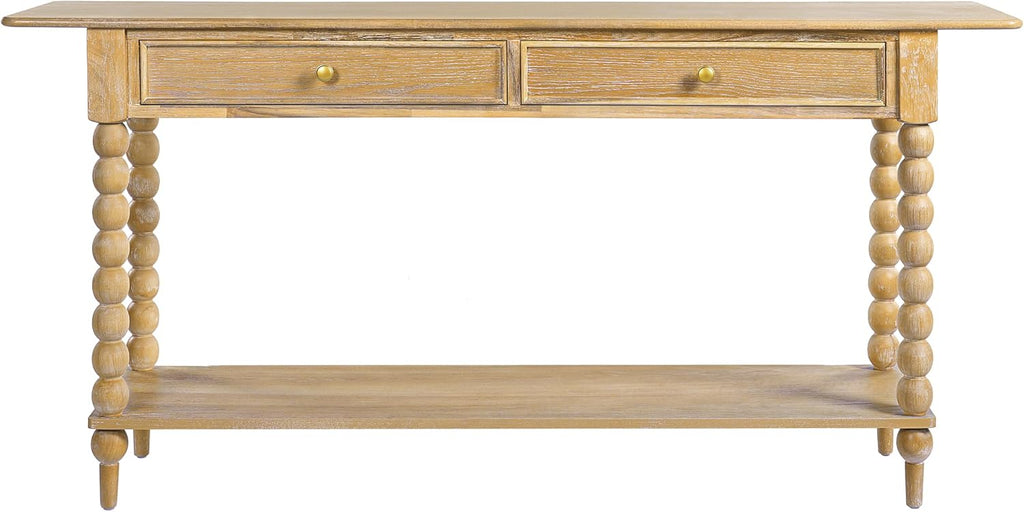 Christopher Knight Home Zeka Narrow Console Table with Storage, Wood Entryway Table with 2 Drawers and 1 Bottom Shelf, Retro Display Table with Unique Spherical Legs for Hallway, Living Room, Natural