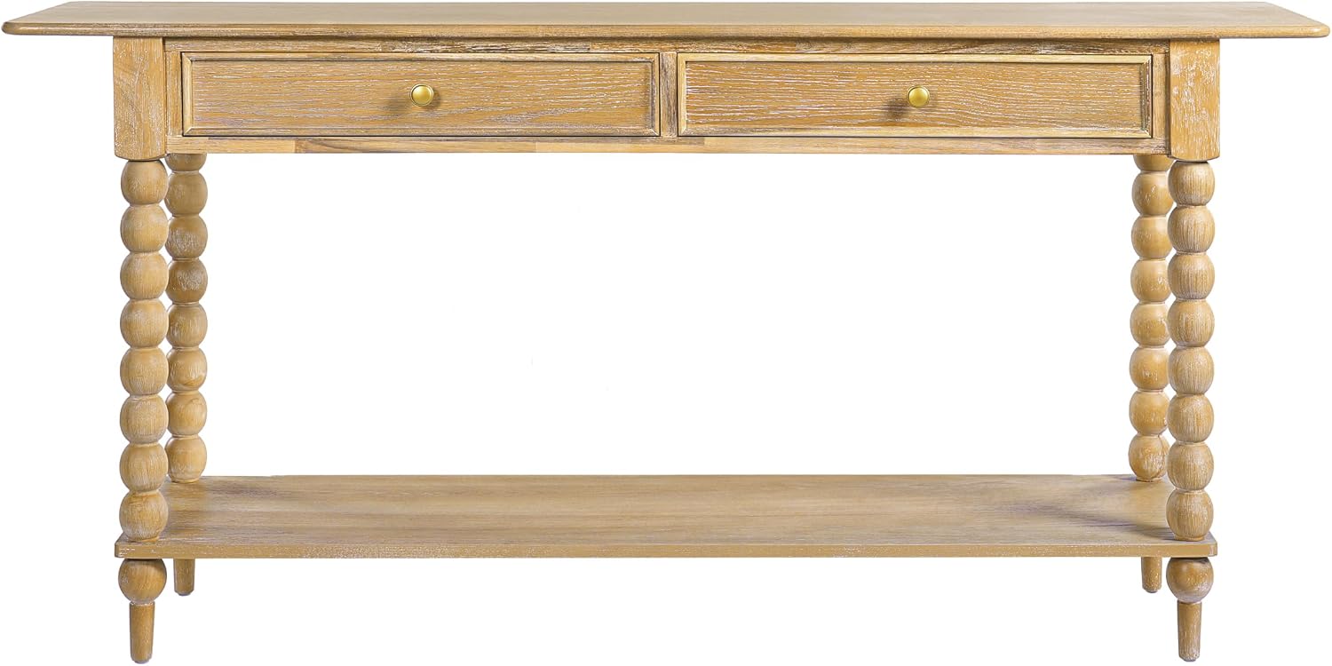 Christopher Knight Home Zeka Narrow Console Table with Storage, Wood Entryway Table with 2 Drawers and 1 Bottom Shelf, Retro Display Table with Unique Spherical Legs for Hallway, Living Room, Natural