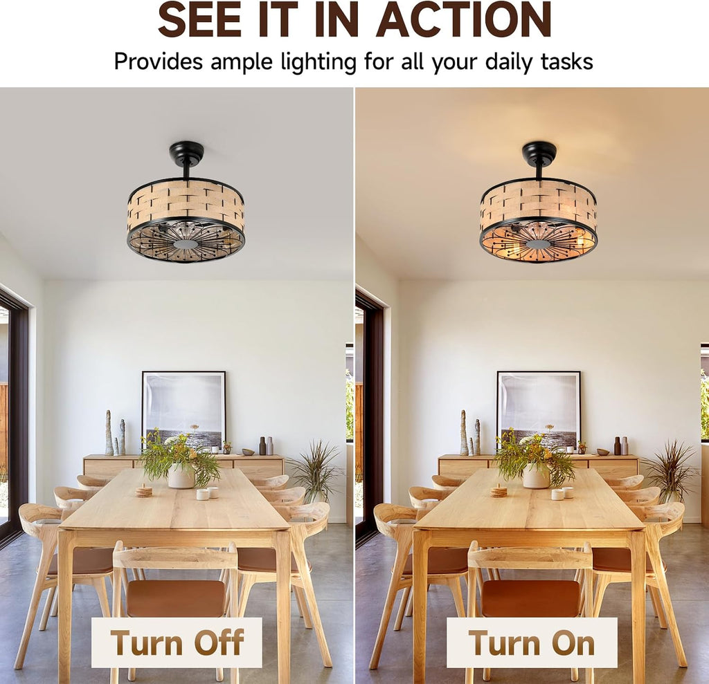 18.9in Boho Fandelier Ceiling Fan with Lights Wicker Chandelier Fan Rattan Caged Ceiling Light with Fans for Kitchen Island Bedroom Dining Room, Remote Control Reversible 6 Speeds E26 Base