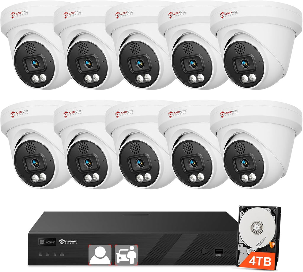 [Two Way Audio] - Anpviz 16CH 4K PoE Security Camera System, 10x 8MP Wired IP Turret Cameras Outdoor, Active Deterrent, Human Vehicle Detection, 12MP PoE NVR with 4TB HDD for Business, 0 Monthly Fees