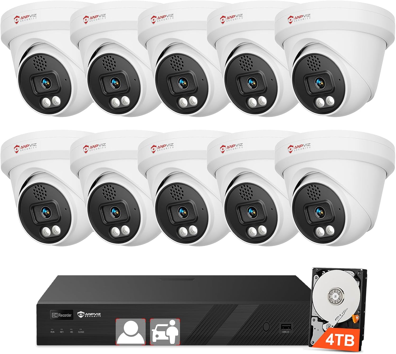 [Two Way Audio] - Anpviz 16CH 4K PoE Security Camera System, 10x 8MP Wired IP Turret Cameras Outdoor, Active Deterrent, Human Vehicle Detection, 12MP PoE NVR with 4TB HDD for Business, 0 Monthly Fees