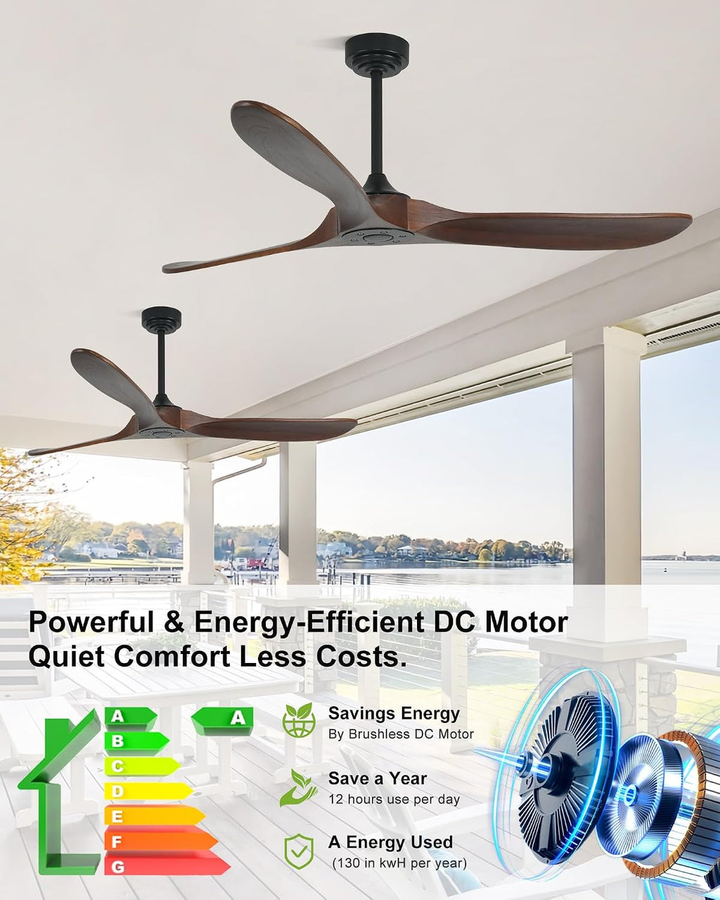60' Wood Ceiling Fan no Light, Smart Ceiling Fans without Lights with Alexa Google App, Indoor Outdoor Ceiling Fan no Light for Bedroom Porch Modern Propeller 3 Blade High CFM Motor,Red Walnut