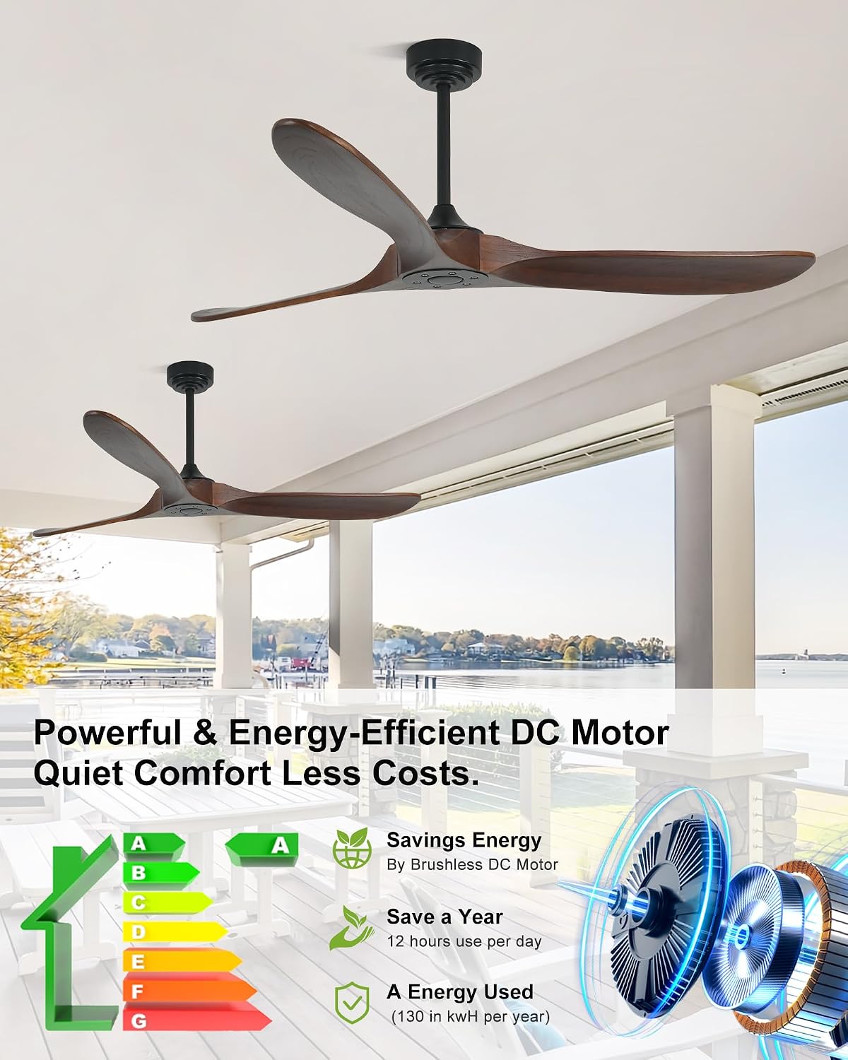 60' Wood Ceiling Fan no Light, Smart Ceiling Fans without Lights with Alexa Google App, Indoor Outdoor Ceiling Fan no Light for Bedroom Porch Modern Propeller 3 Blade High CFM Motor,Red Walnut