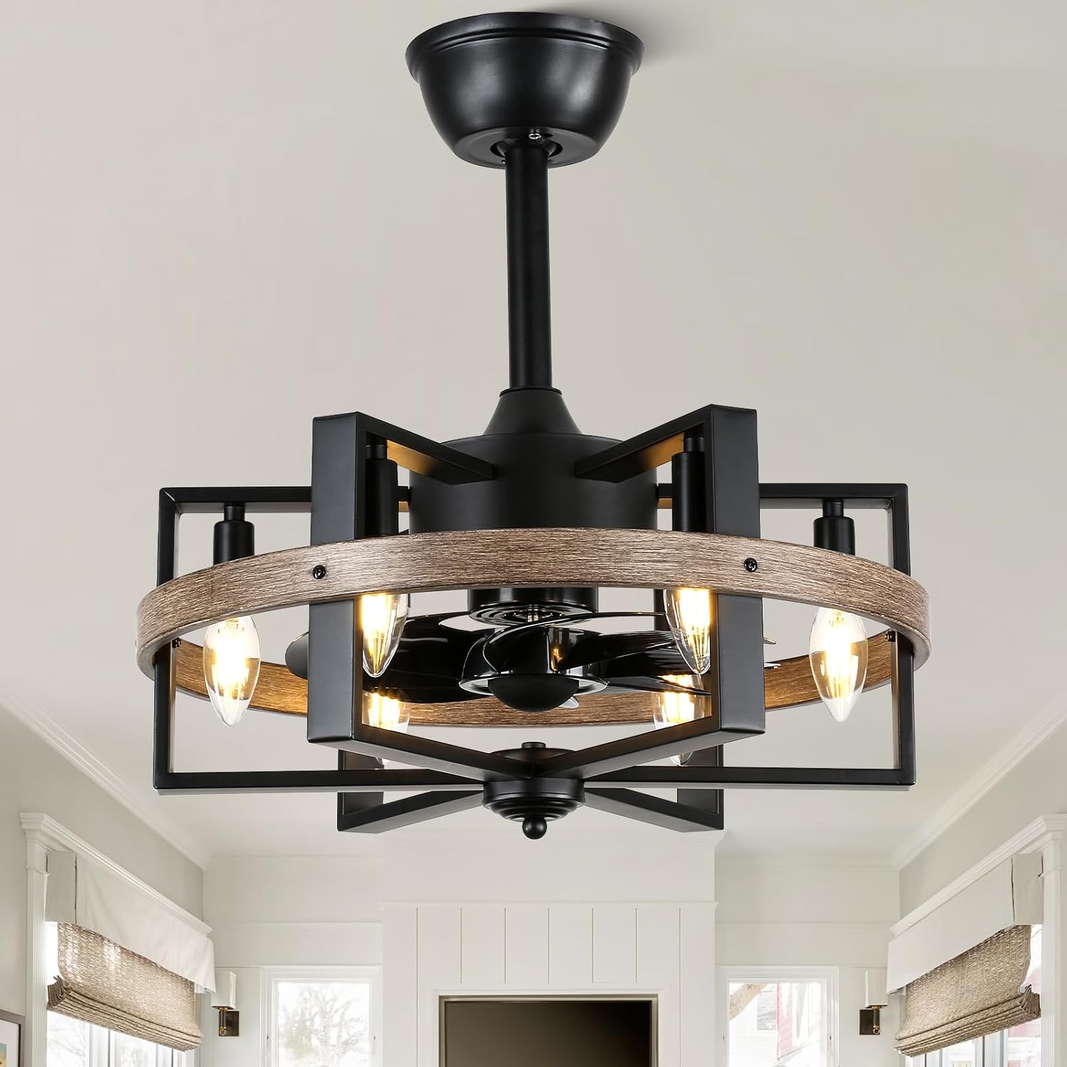 18 Inch 6-Lights Farmhouse Caged Ceiling Fan with Light, Retro Industrial Enclosed Rustic Ceiling Fans with Remote Control for Bedroom Living Room