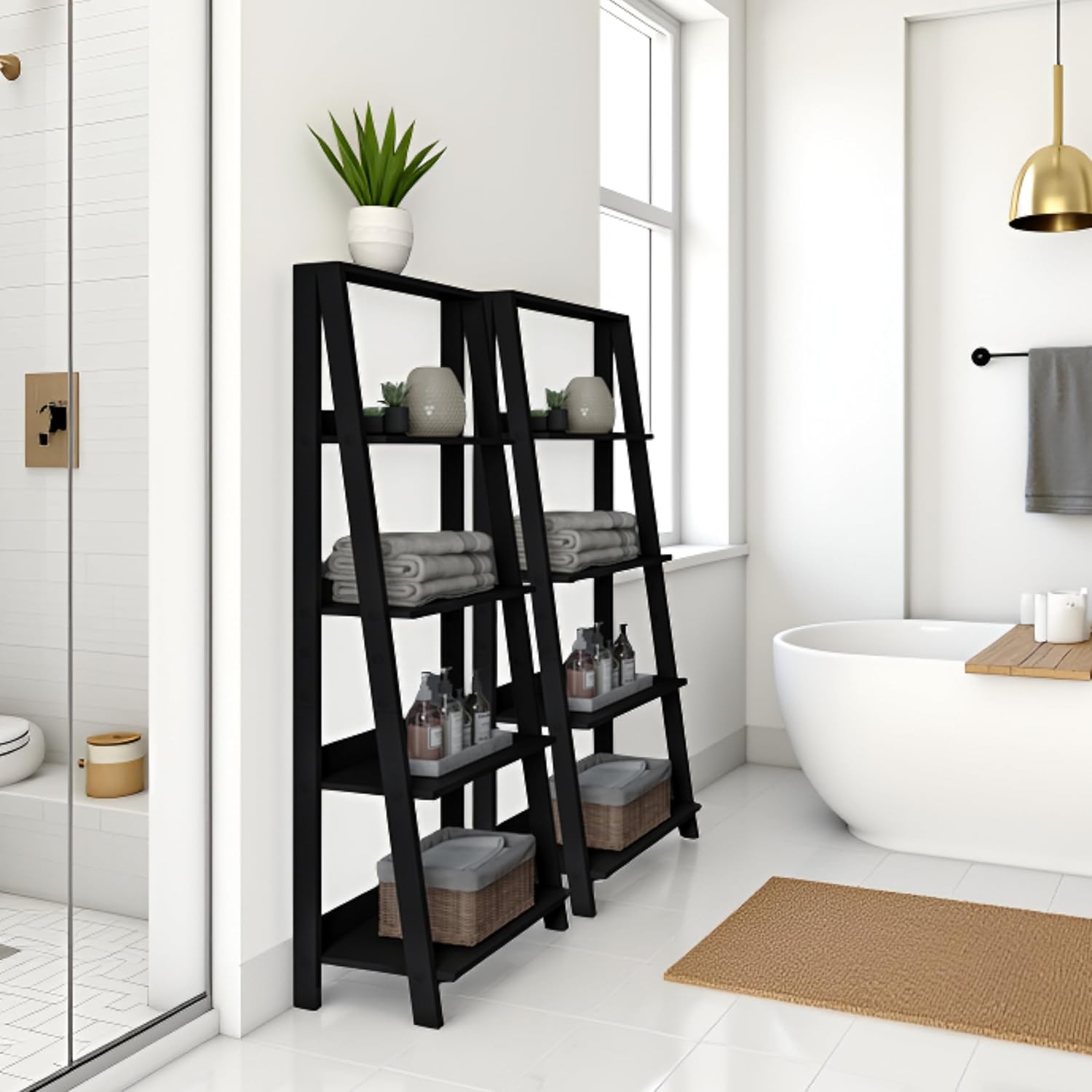 Lavish Home 4-Tier Ladder Shelf – Set of 2 Modern Freestanding Bookcases with Leaning Design for Storage & Display in Living Room, Bathroom, Kitchen or Home Office (Black)