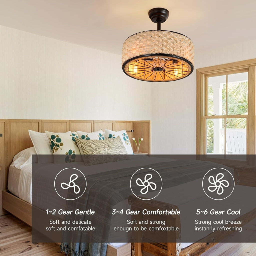 19.7in Boho Ceiling Fan with Lights Bamboo Caged Fan Lighting Rattan Fandelier Wicker Ceiling Light with Fans for Bedroom Kitchen Island Nursery Dining Living Room, Remote 6 Speeds E26 Base