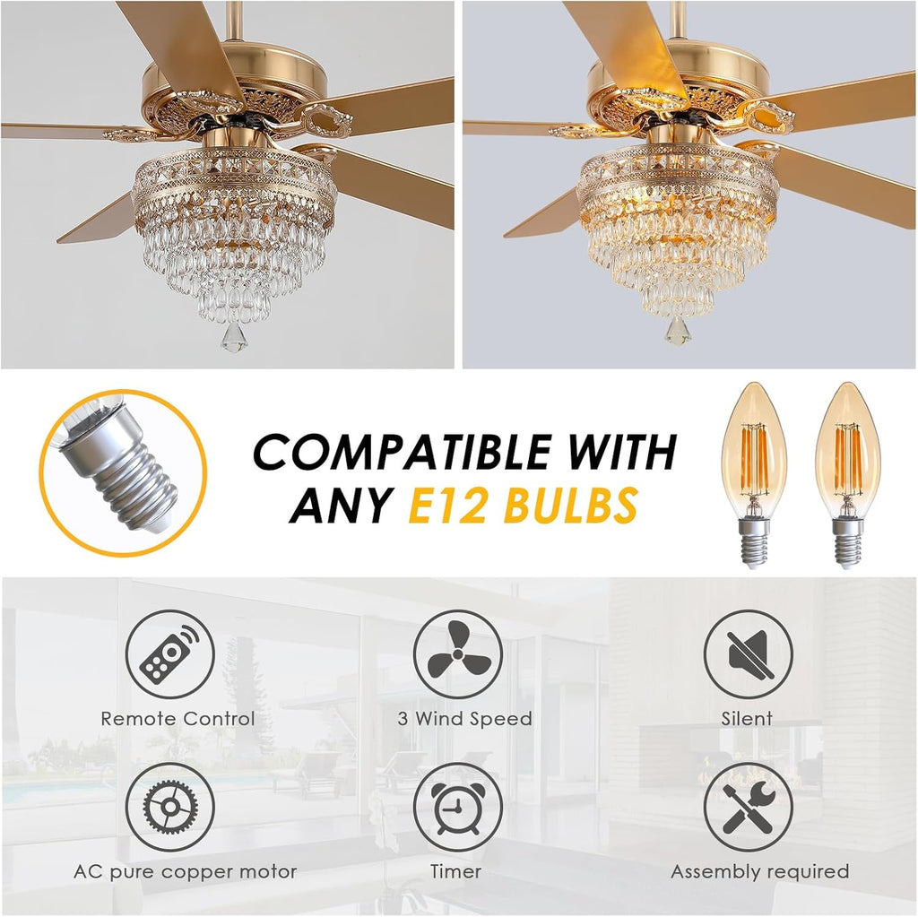 Asyko 52' Golden Crystal Ceiling Fan Fandelier with Lights - Modern Chandelier Fans with Remote Control，Noiseless DC Motor, Retro/Farmhouse Lighting, Dining Room,Living Room
