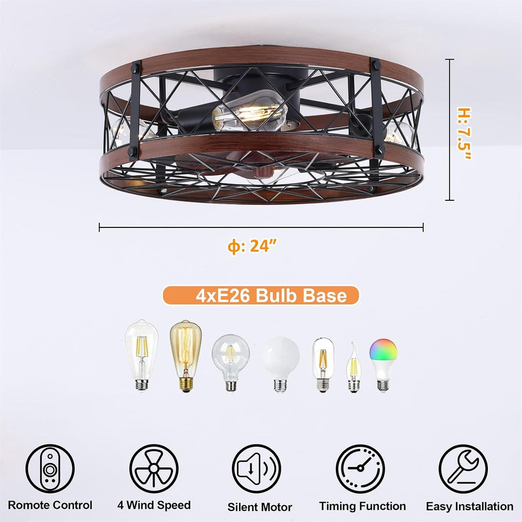 24' Farmhouse Flush Mount Caged Ceiling Fans with Lights, Rustic Low Profile Ceiling Fan with Light and Remote, Quiet Reversible DC Motor Bladeless Enclosed Ceiling Fan for Bedroom Dining Room Kitchen