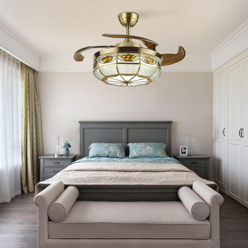36' Vintage Retractable Ceiling Fan Light, Chandelier Fan with controller 3-Color Lighting 6-Speed Copper Glass Lampshade & Reverse Function for Bedroom Living Room (Bronze)