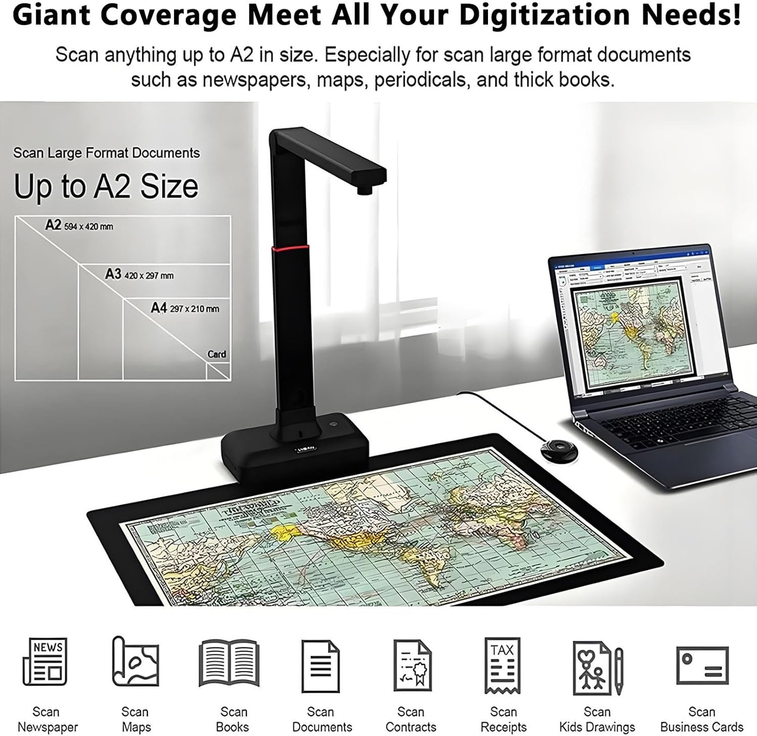 A2/3 Large Format Book Scanner, Adjustable Height Camera Scanner, Resolution up to 23mp, Book Double Pages Smoothing&Split auto scanning, ocr Text Recognition, for Work