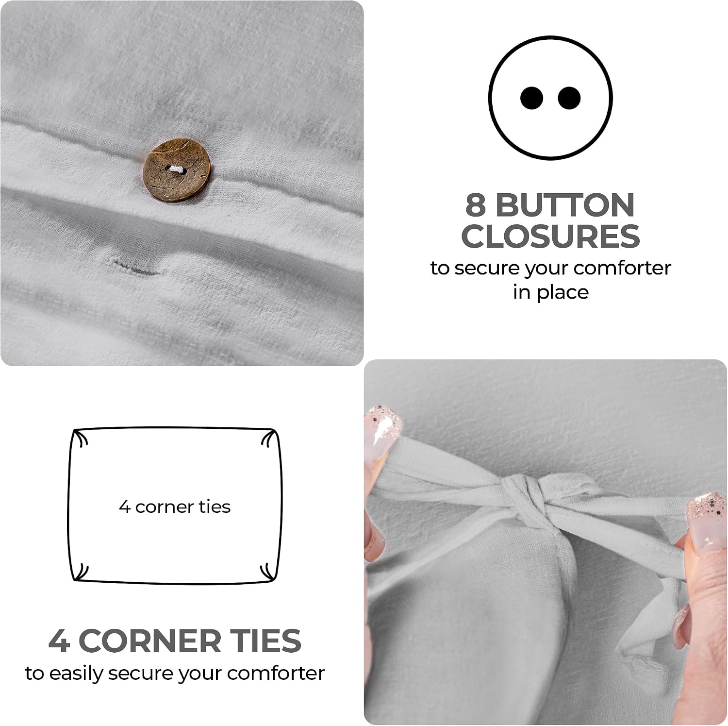 Superior Cotton Linen Duvet Cover Set, Chic Decor for Bedroom, Includes 1 Duvet Cover with Button Closure, 2 Pillow Shams, Boho Aesthetic Bedding Essentials, Soft, Lightweight, Full/Queen, Silver