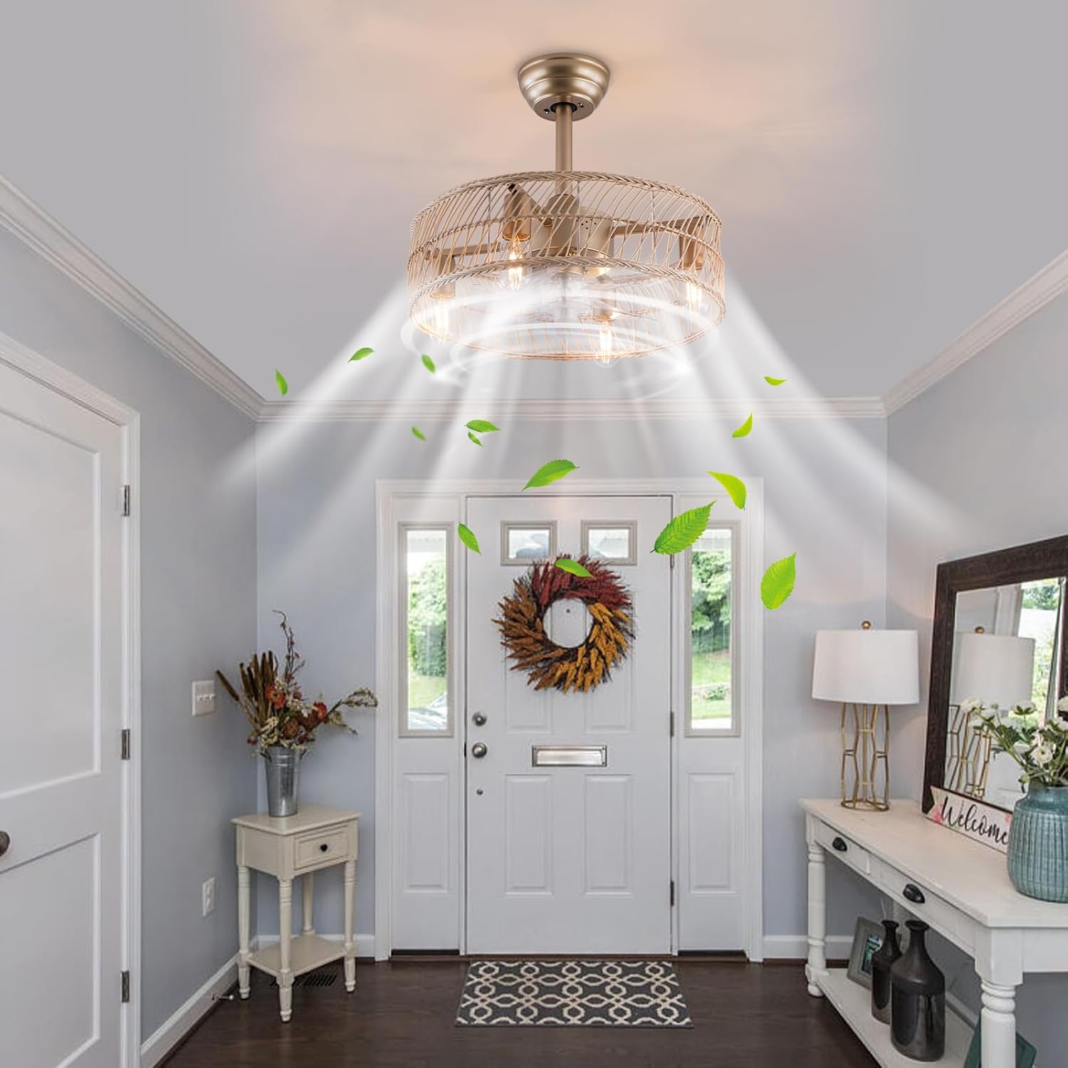 OUKANING Bamboo Art Caged Ceiling Fan with Light, Fandelier with Remote Control & Noiseless 35db - Farmhouse Rustic Bladeless Ceiling Fans Chandelier Retro Lighting Fixture
