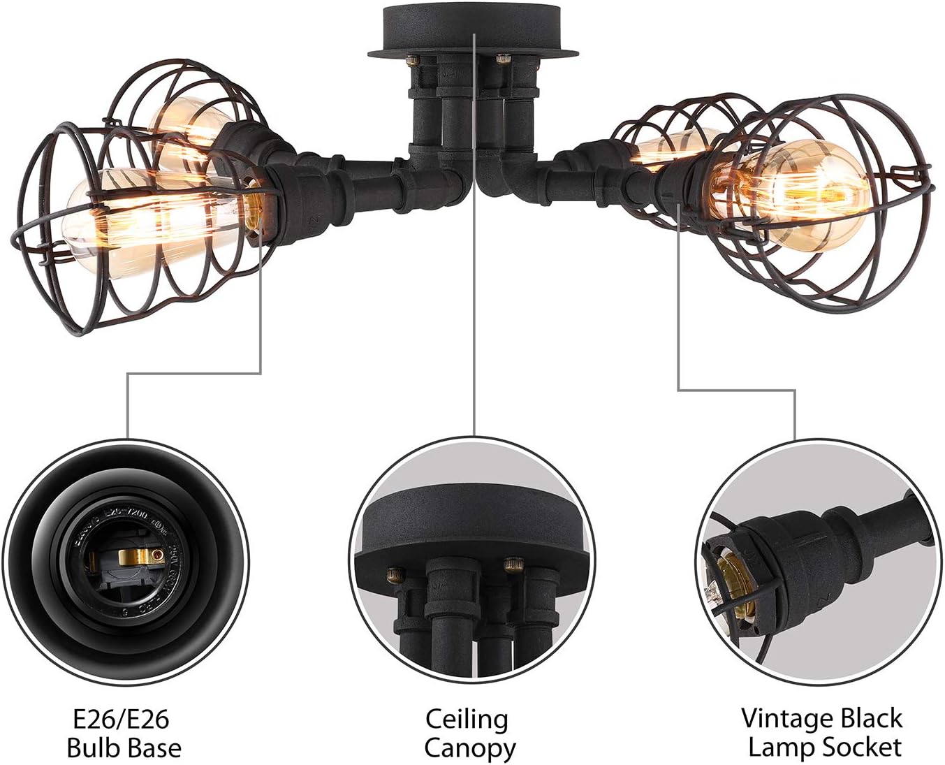 LITFAD Wrought Iron Pipe Semi Flush Light Industrial Wire Guard 4 Lights Ceiling Light Vintage Pendant Cage Lighting Edison Ceiling Chandelier in Black Finish for for Living Room Restaurant Cafe Bar