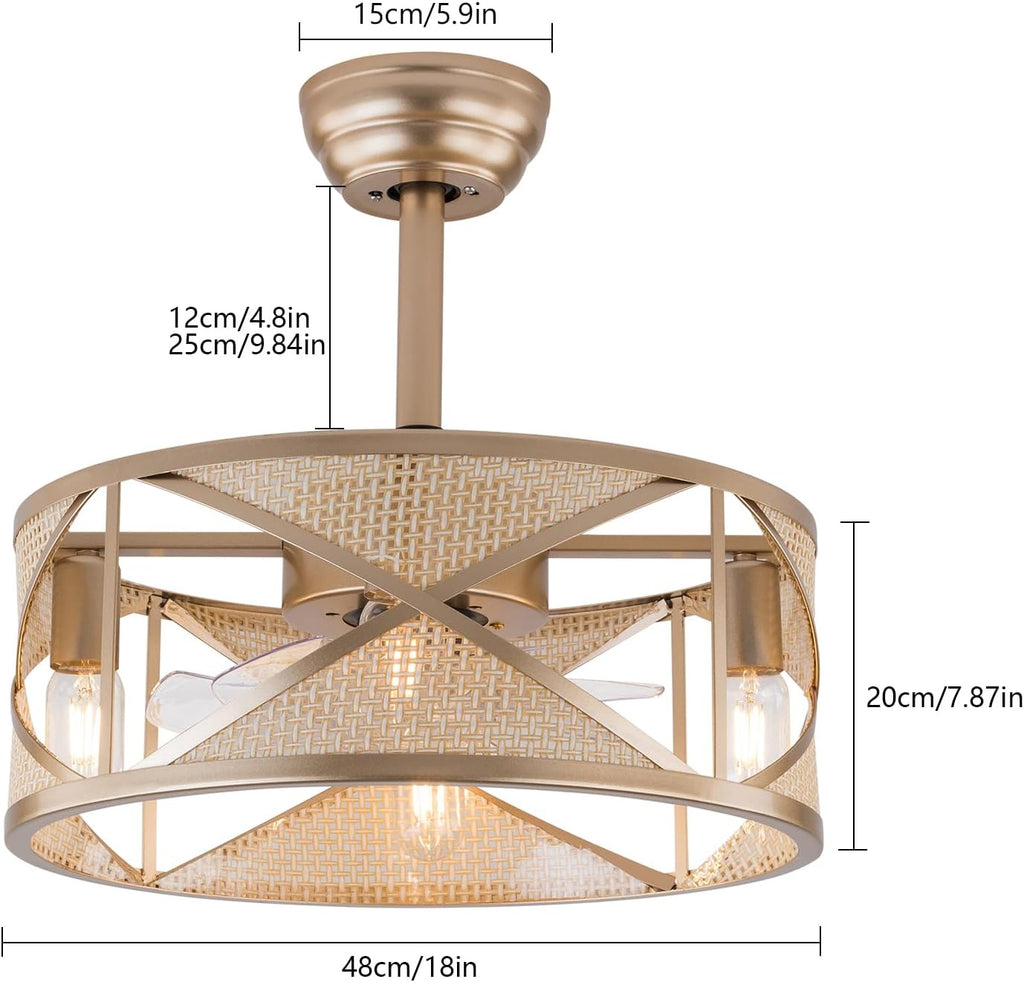 Caged Fandelier Ceiling Fan with Light, with Remote Control & 6 Speed Regulation, Farmhouse Rustic Bladeless Chandelier Retro Lighting Fixture Bedroom, Living Room, Dining Room, Kitchen, Commercial
