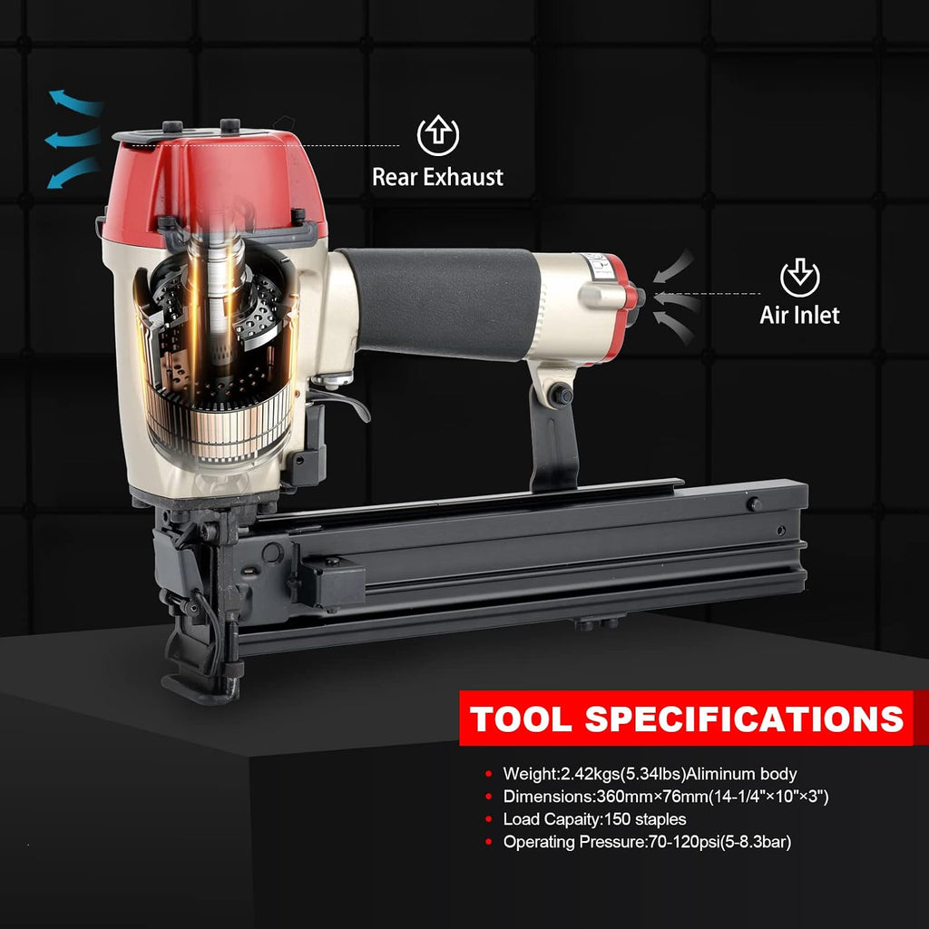 Construction Stapler, 16 Gauge 15/16-inch Wide Crown, Pneumatic Air Staple Gun for Fence Wire Wood Lathes Slats Furniture Frames Pallets and Finish, Heavy Duty