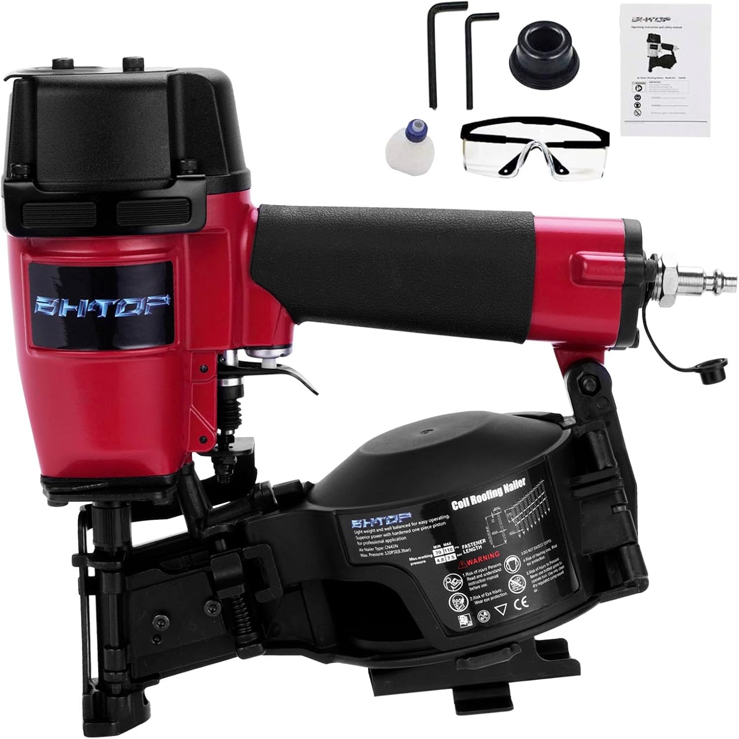Mexican Red CN45N Roofing Nailer, 15 Degree Roofing Nail Gun, 3/4-Inch to 1-3/4-Inch Coil Nails, 120-pcs Load Capacity Coil Nailer