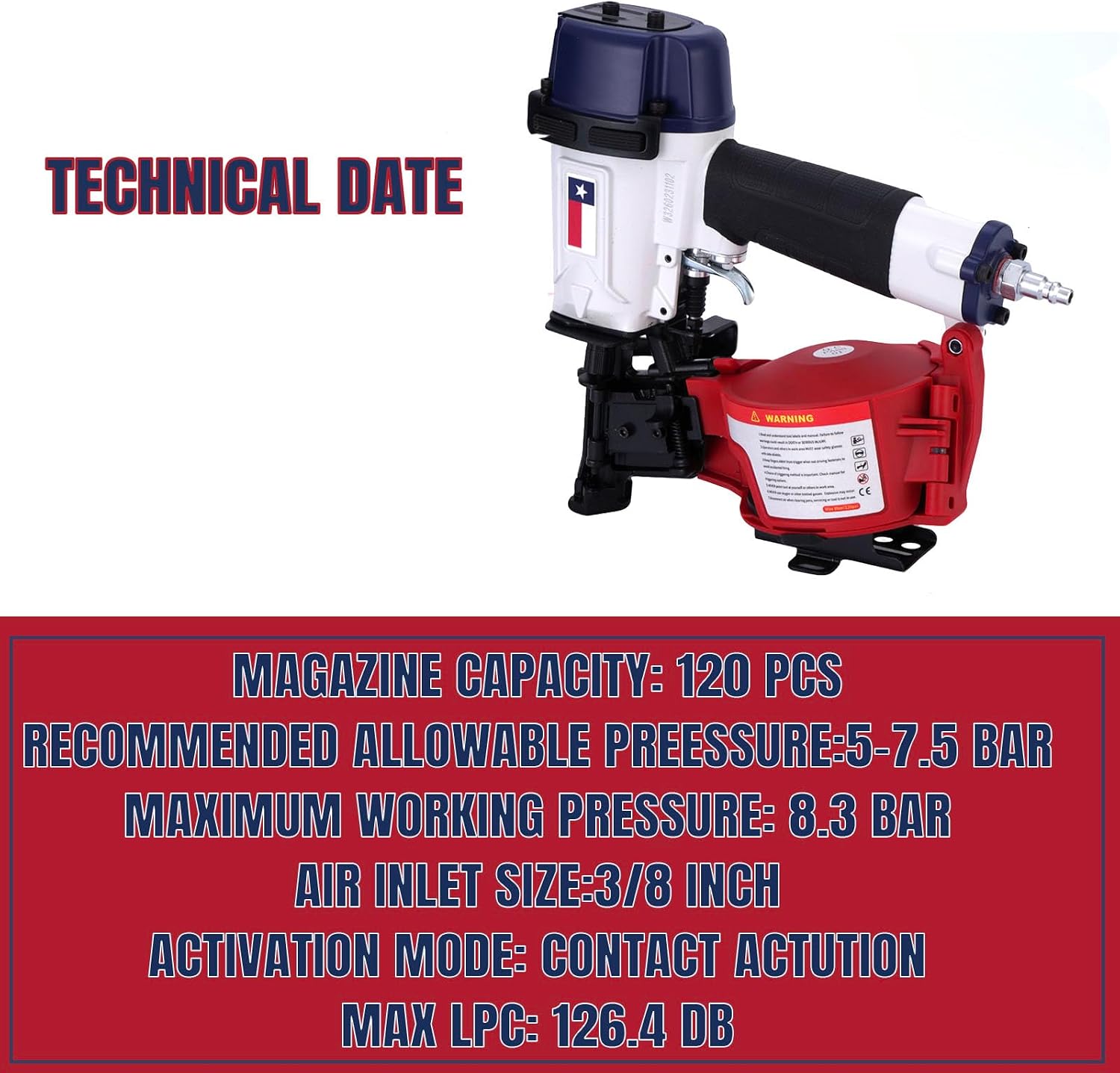 Texas Style CN45N Roofing Nailer, 15 Degree Roofing Nail Gun, 3/4-Inch to 1-3/4-Inch Coil Nails, 120-pcs Load Capacity Coil Nailer