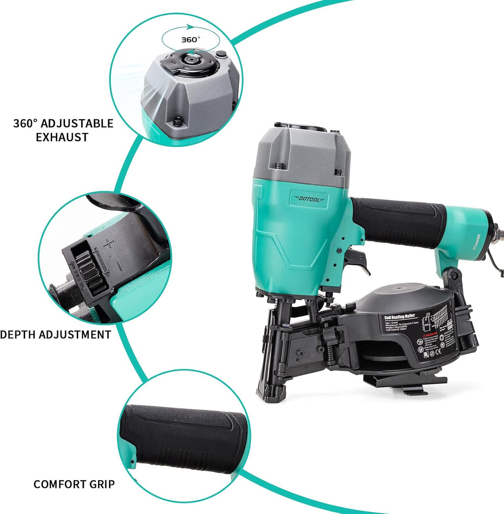 DOTOOL Roofing Nailer CN45C 15 Degree 3/4-Inch to 1-3/4-Inch Roofing Nail Gun Pneumatic Coil Nailer 120 pcs Load Capacity