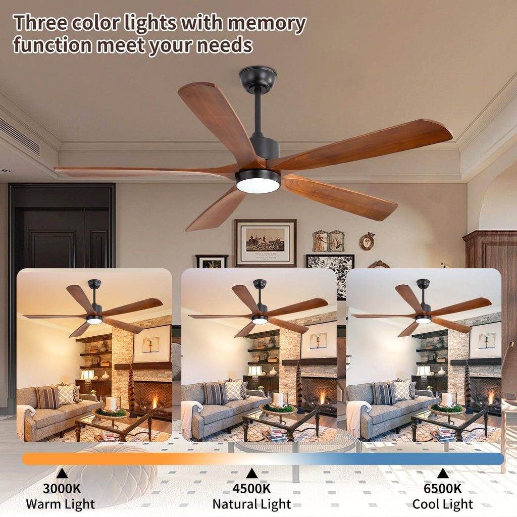 60 Inch Ceiling Fan with Light - 5 Walnut Wood Blades, UL Damp Rated for Indoor & Outdoor, 3 Color LED (3000K-6500K), DC Motor, 6-Speed Reversible Remote, Farmhouse Bedroom