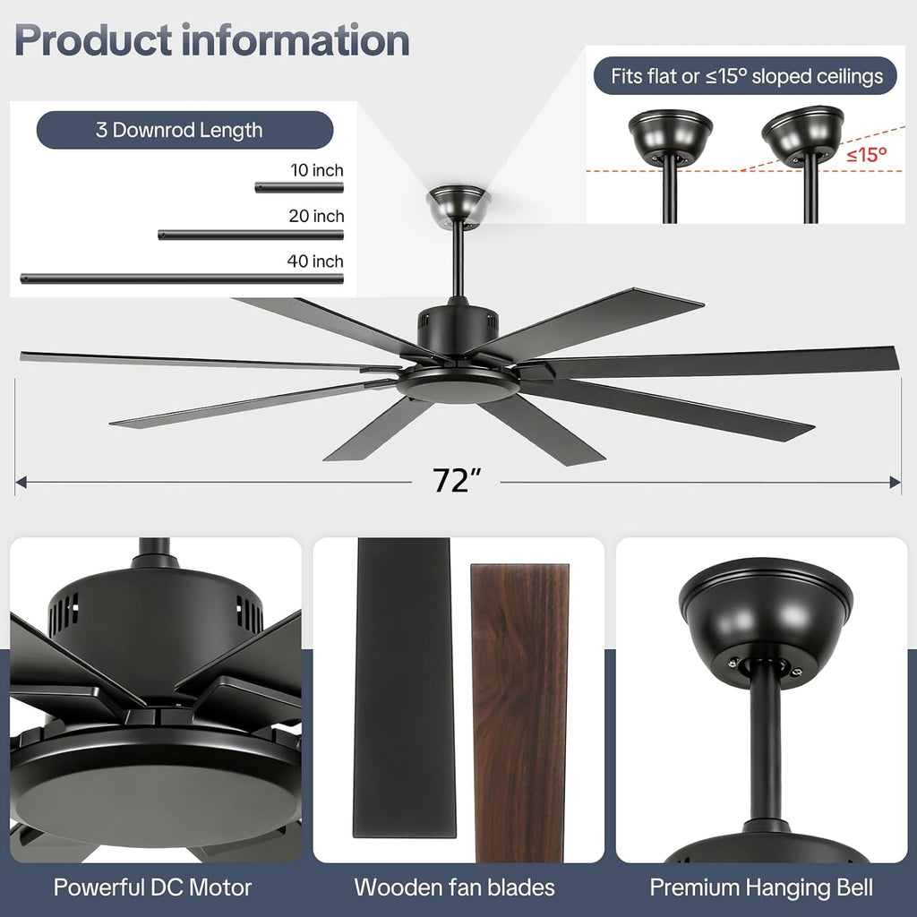 72 Inch Black Ceiling Fan No Light, Modern Ceiling Fan with Remote, 6-Speeds, Quiet Reversible DC Motor, Industrial Ceiling Fans without Lights for Patios, Living Room, Garage