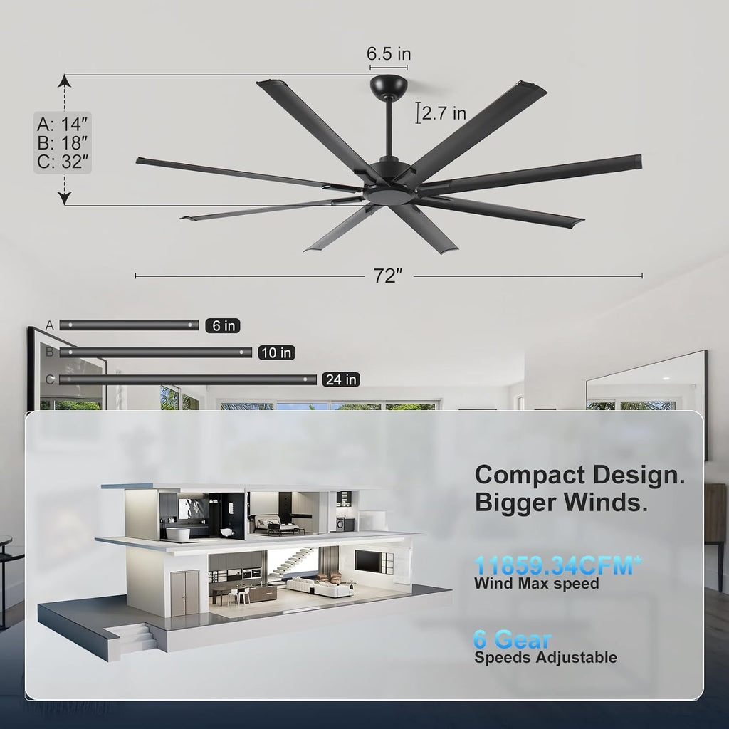 72' Industrial Ceiling Fan with Remote - 8 Blade Aluminum, 9,500 CFM Airflow, Quiet DC Motor, Indoor/Outdoor, 3 Downrods, Black Commercial Fan for Garage/Warehouse/Patio