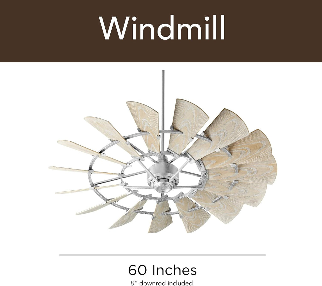 Quorum 196015-9 Windmill 60 Inch Ceiling Fan | 15 Blade Wagon Wheel Design | 6 Speed Reversible DC Motor | Remote Control Included | Damp Rated Fan | Weathered Oak Blades | Galvanized Finish