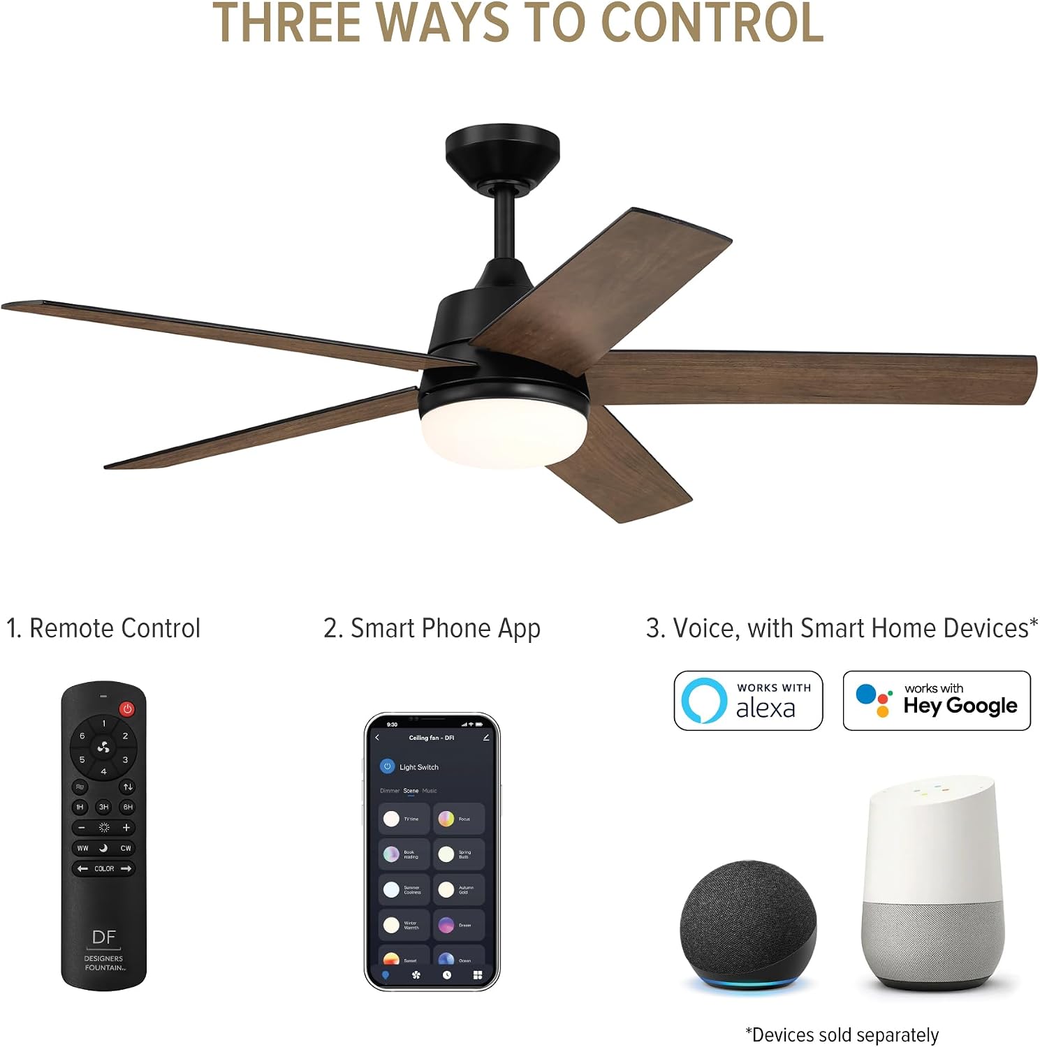 DESIGNERS FOUNTAIN Astrea Smart Ceiling Fan with Lights, 52 Inch LED Light Indoor Outdoor 5-Blade Fan, Remote Control, RGB, Matte Black, FS-ATR52RGB-MB