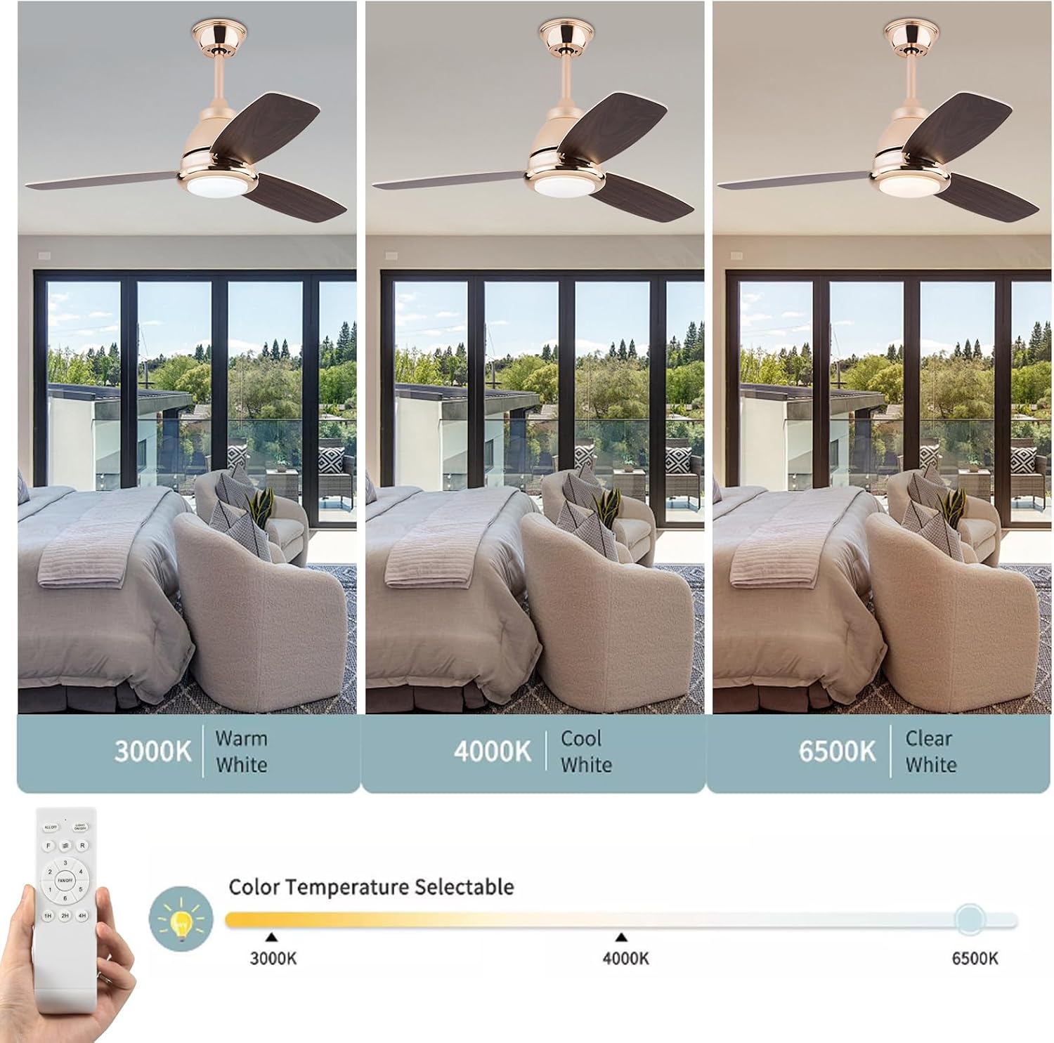 Ceiling Fans with Lights, 42 Inch Modern Low Profile Ceiling Fan with Remote Control 6 Speeds, 3000-6000K Dimmable Timing (1/2/4 hours) 3 Blades Large Ceiling Fan for Indoor and Outdoor Bedroom Patios