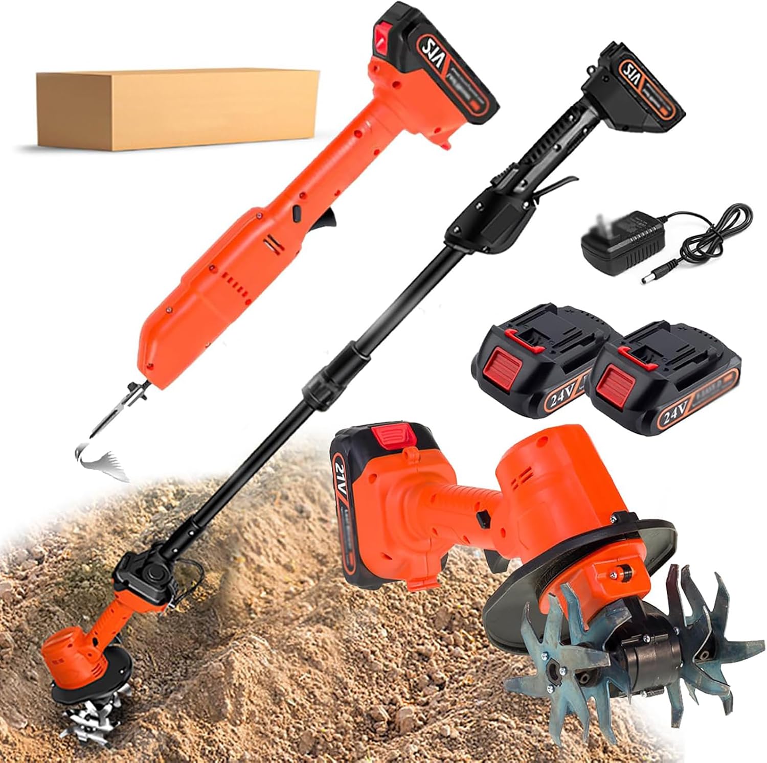 2 in 1 Cordless Tiller Cultivator,Electric Mini Digging Hoe,High Hardness Manganese Steel Blade, Sharp Teeth, Safety Double Switch, Convenient to Operate with One Hand, for Lawn Gardening