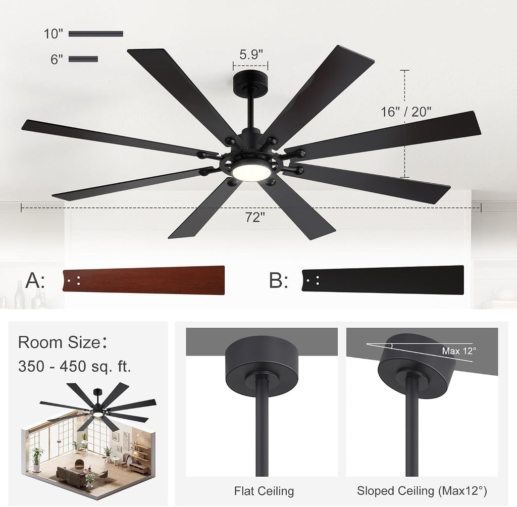 Farmhouse Black Ceiling Fans with Lights and Remote, 72 Inch Industrial Ceiling Fans with 6-Speed Reversible DC Motor, 3 CCT, Dual Finish 8 Blades, Indoor/Outdoor Ceiling Fan for Patio Bedroom