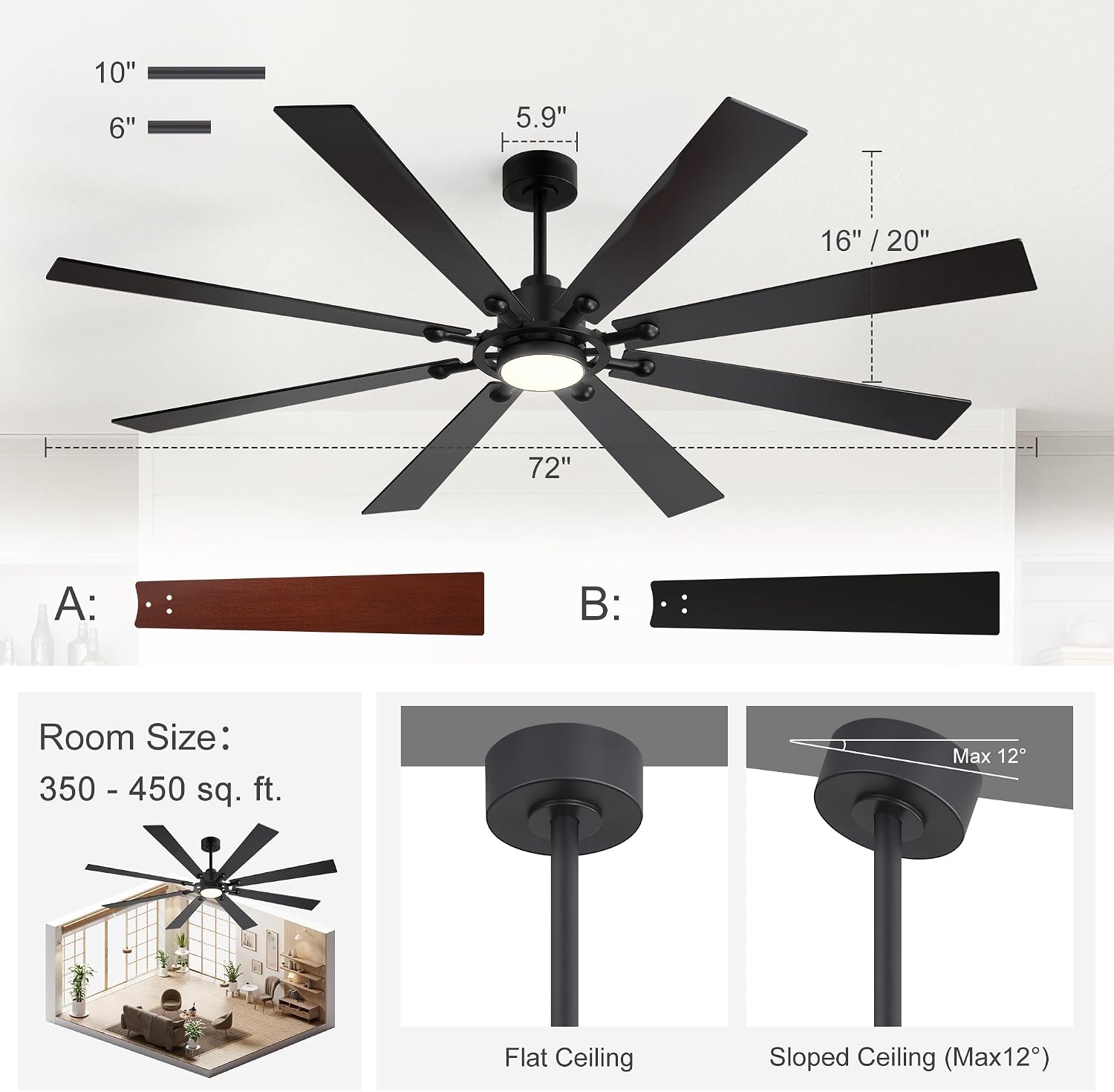 Farmhouse Black Ceiling Fans with Lights and Remote, 72 Inch Industrial Ceiling Fans with 6-Speed Reversible DC Motor, 3 CCT, Dual Finish 8 Blades, Indoor/Outdoor Ceiling Fan for Patio Bedroom